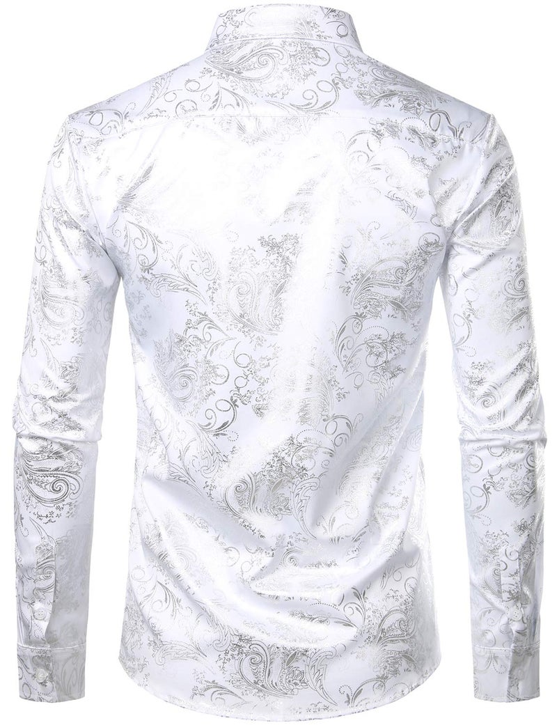 ZEROYAA Men's Luxury Paisley Silver Shiny Printed Stylish Slim Fit Button Down Dress Shirt ZLCL18 White Silver Large - Image 2
